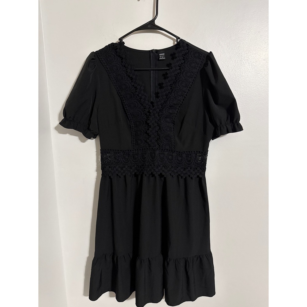 Loness Black Crochet Lace V-Neck Mini Dress Puff Sleeve Size M
